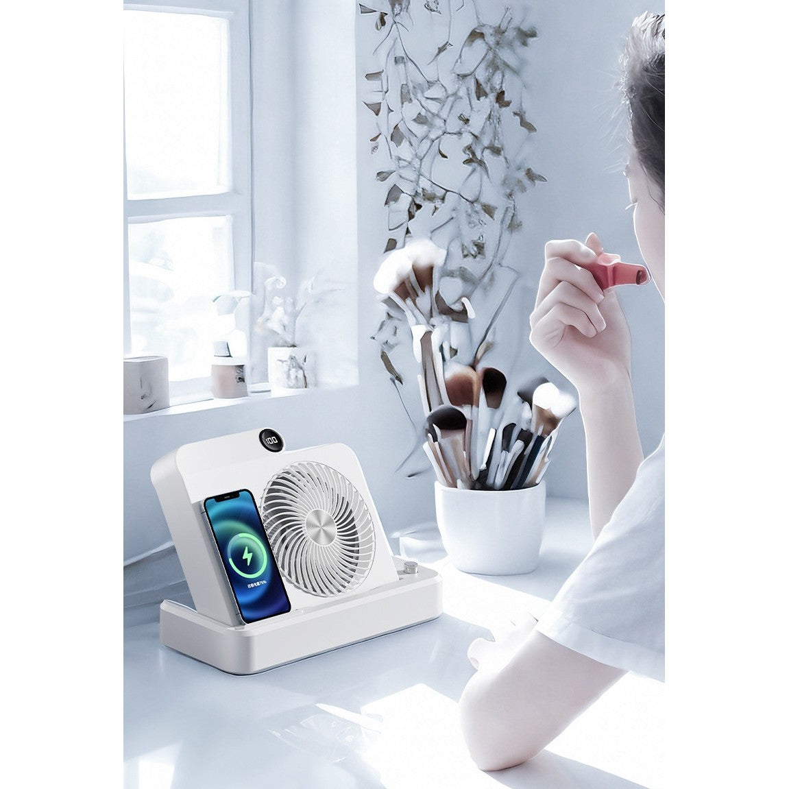 Ventilator 2in1, Flippy, Functie Incarcare Telefon Wireless, 100 Trepte de Viteza, 2400 mAh, 5V, 2A, 25 x 16.5 x 24 cm,