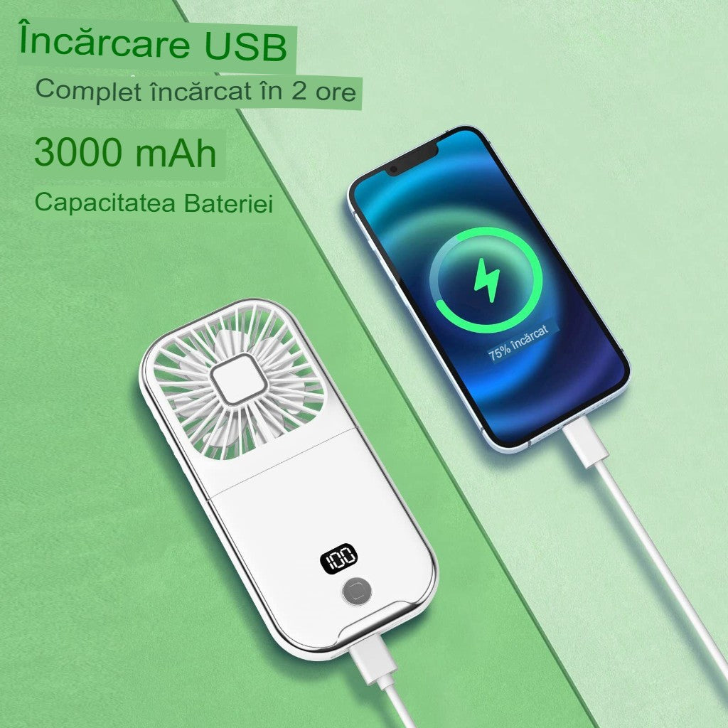 Ventilator Portabil Flippy, 3 in 1, de Mana, de Gat, de Birou, 16.7 x 8 x 1.9 cm, 3 Trepte de Viteza, Incarcare USB,