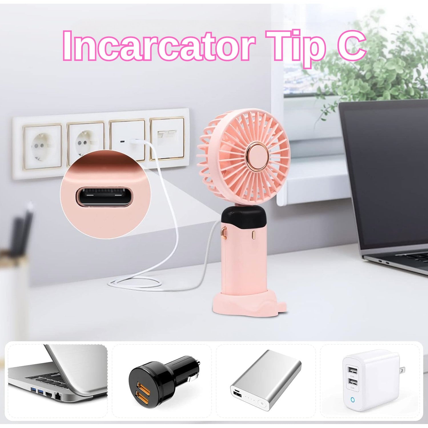 Ventilator Ultra Portabil cu Aromaterapie, Flippy, 3 in 1, de Mana, de Birou, de Gat, 5 Trepte de Viteza, Incarcare
