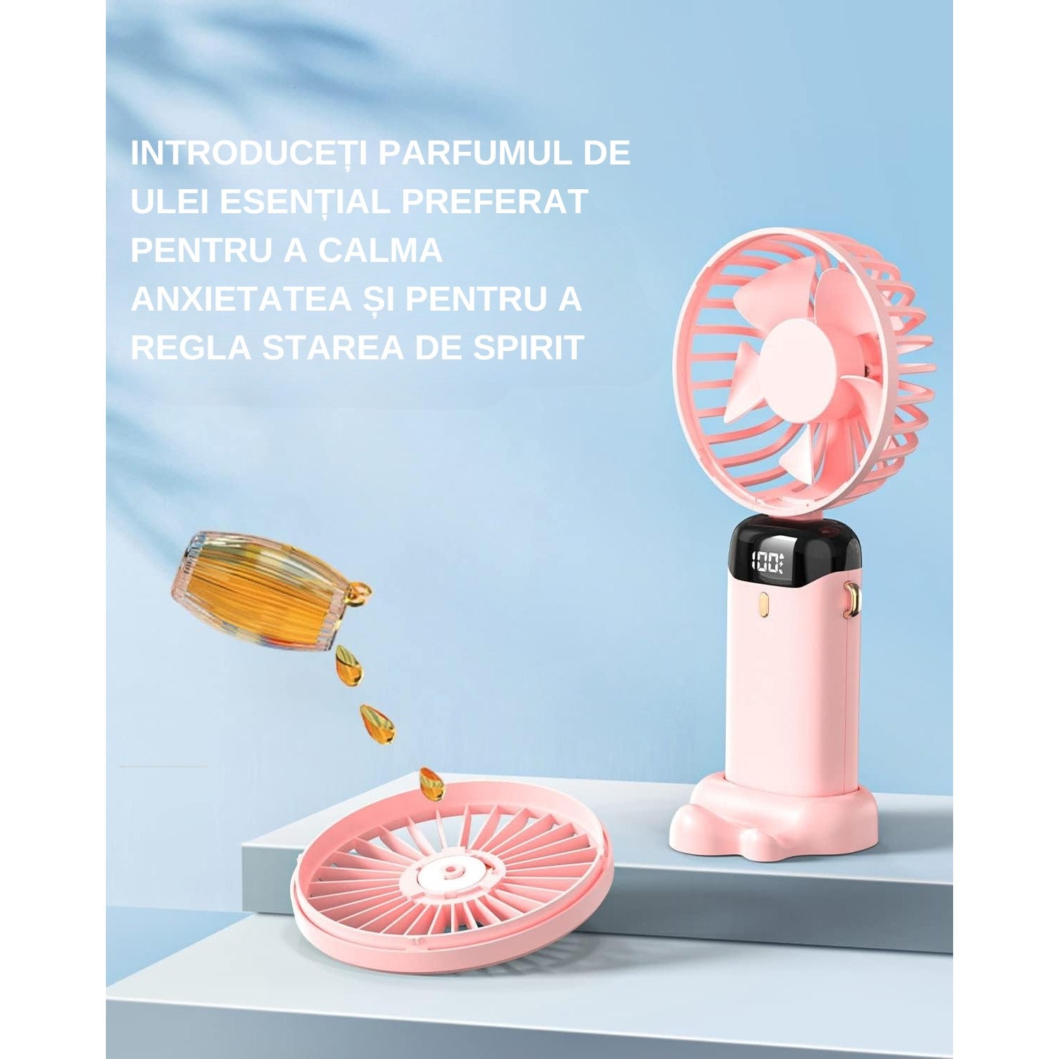 Ventilator Ultra Portabil cu Aromaterapie, Flippy, 3 in 1, de Mana, de Birou, de Gat, 5 Trepte de Viteza, Incarcare