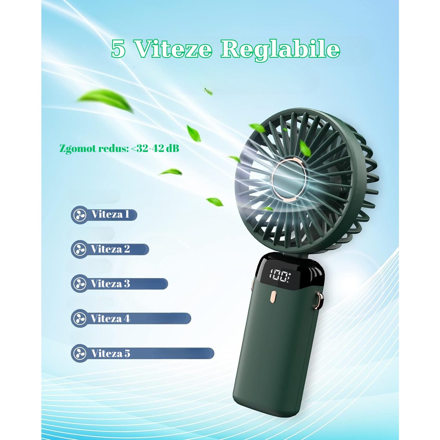 Ventilator Ultra Portabil cu Aromaterapie, Flippy, 3 in 1, de Mana, de Birou, de Gat, 5 Trepte de Viteza, Incarcare