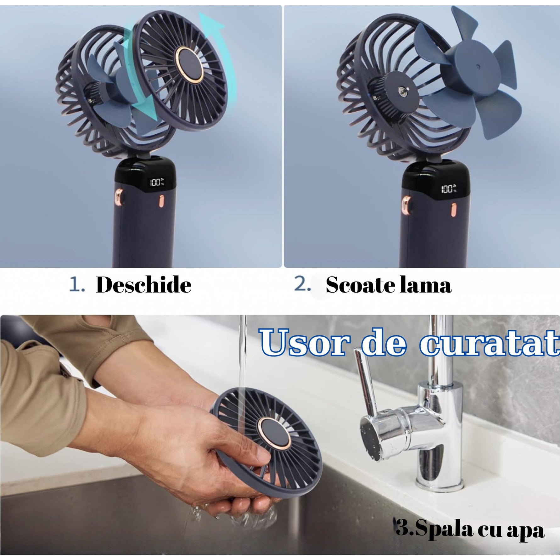 Ventilator Ultra Portabil cu Aromaterapie, Flippy, 3 in 1, de Mana, de Birou, de Gat, 5 Trepte de Viteza, Incarcare