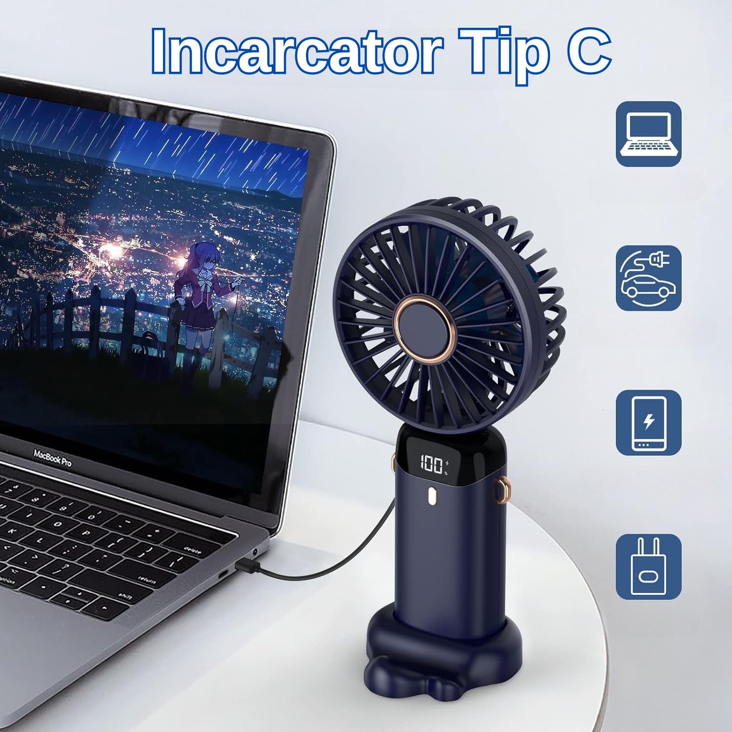 Ventilator Ultra Portabil cu Aromaterapie, Flippy, 3 in 1, de Mana, de Birou, de Gat, 5 Trepte de Viteza, Incarcare