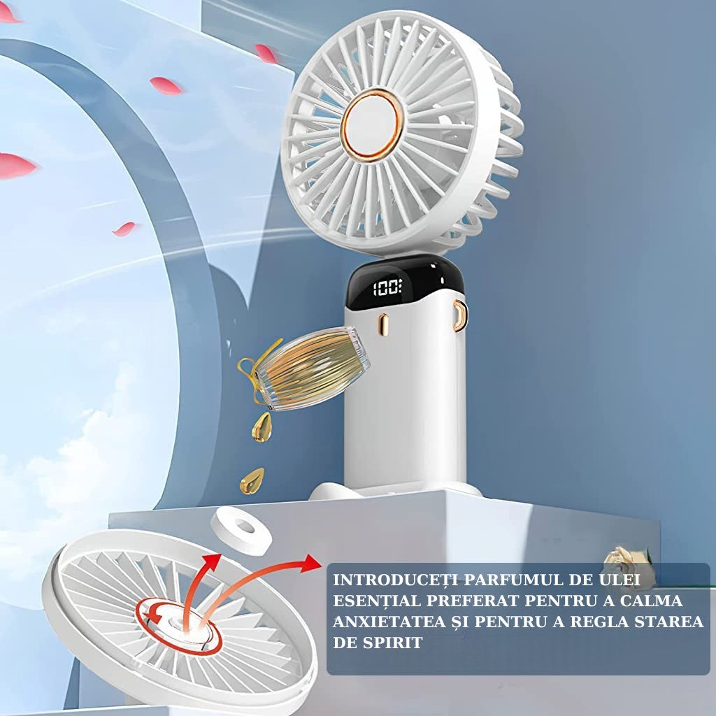 Ventilator Ultra Portabil cu Aromaterapie, Flippy, 3 in 1, de Mana, de Birou, de Gat, 5 Trepte de Viteza, Incarcare