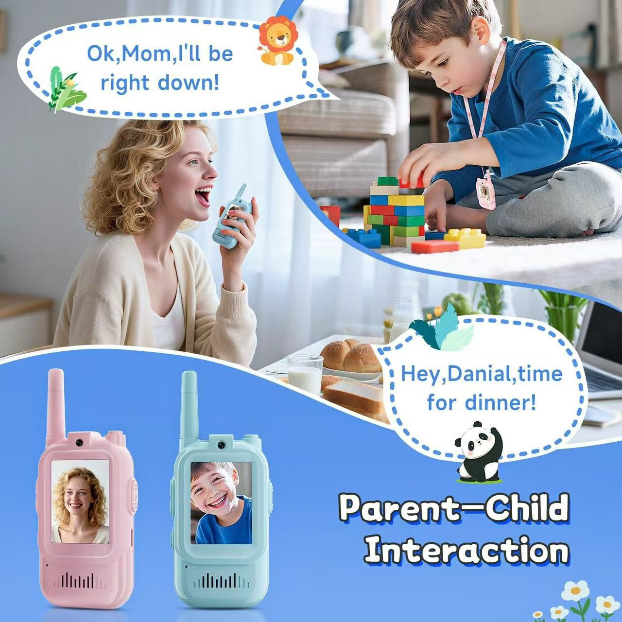 Set Walkie Talkie WiFi pentru Copii, Flippy, Set 2 Statii, Apeluri Video, cu Ecran de 2", Efecte Voce, Reincarcabile,