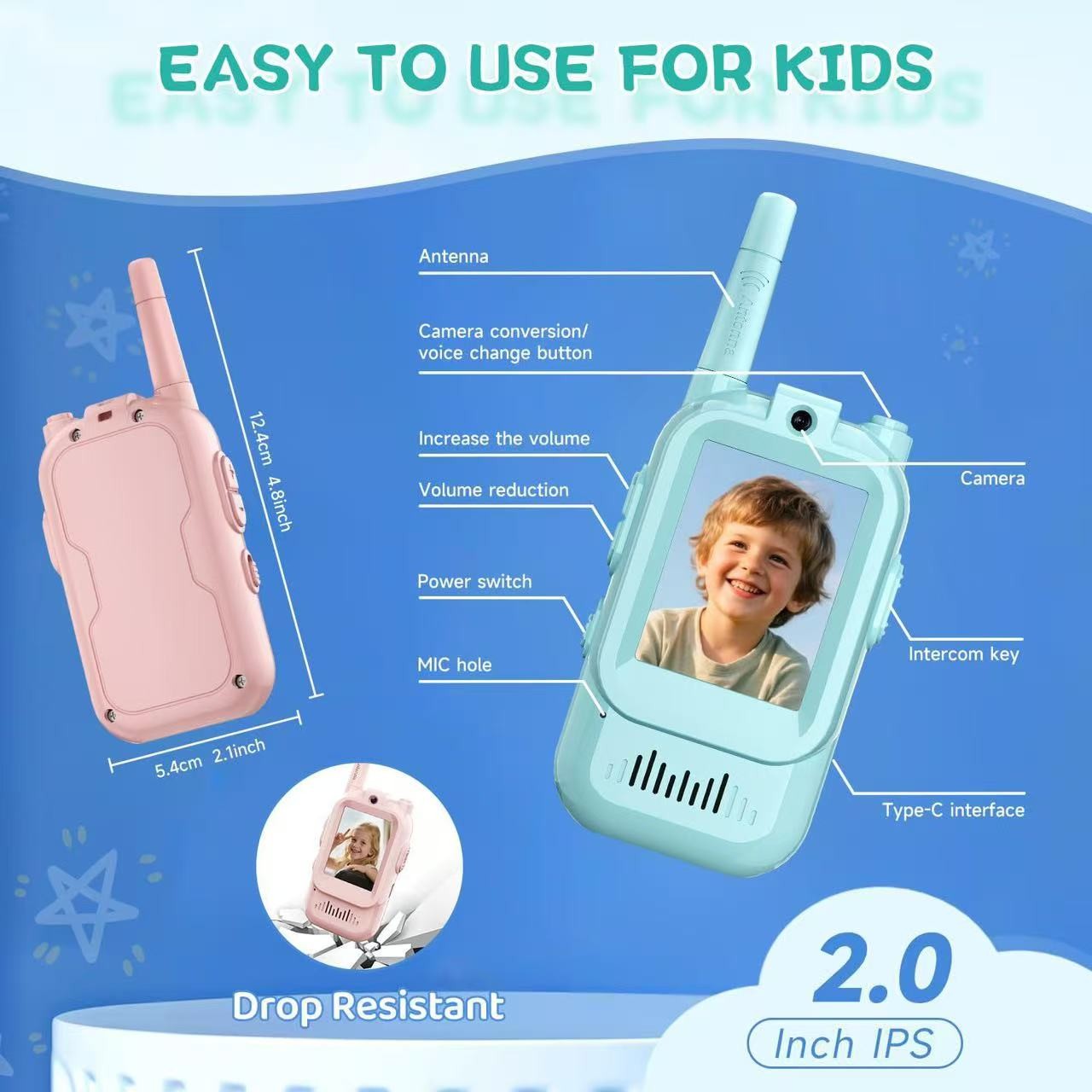 Set Walkie Talkie WiFi pentru Copii, Flippy, Set 2 Statii, Apeluri Video, cu Ecran de 2", Efecte Voce, Reincarcabile,
