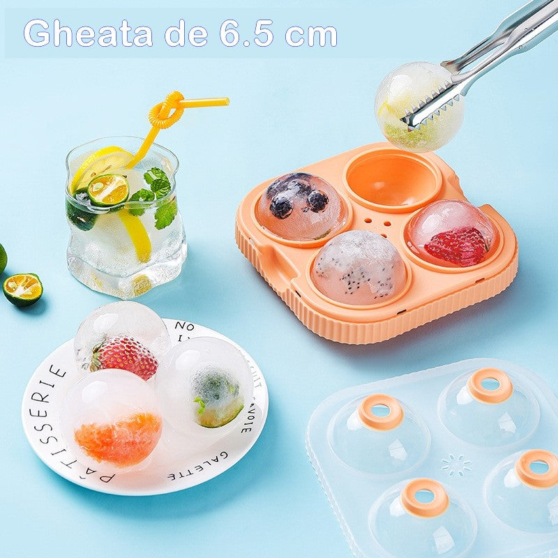 Forma Sfere de Gheata pentru Wiskey si Cocktail-uri Flippy, 4 Sfere, Material Plastic/Silicon Alimentar, Diametru 6.5