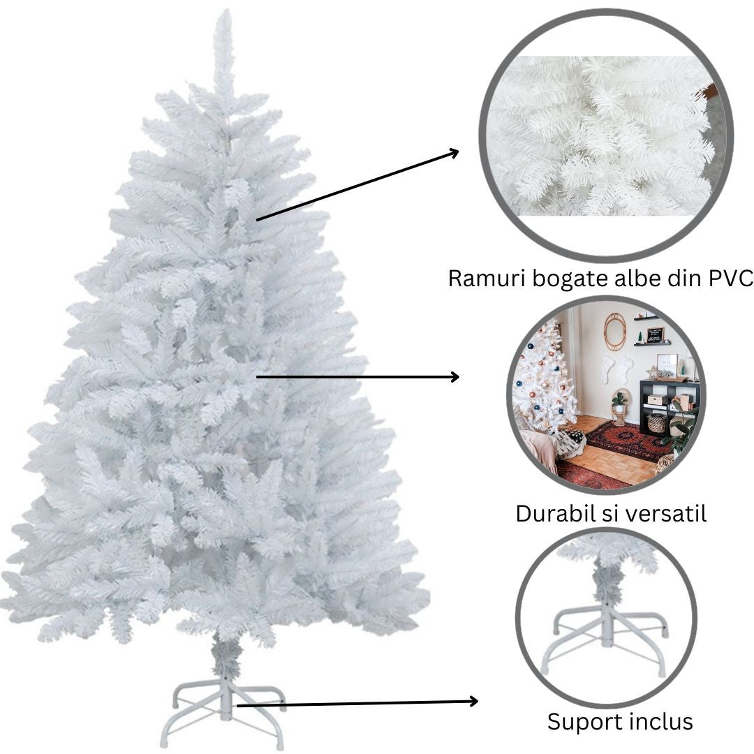 Brad de Craciun artificial cu suport inclus Flippy, 120 cm, 240 ramuri/varfuri, material plastic, suport clasic, fara