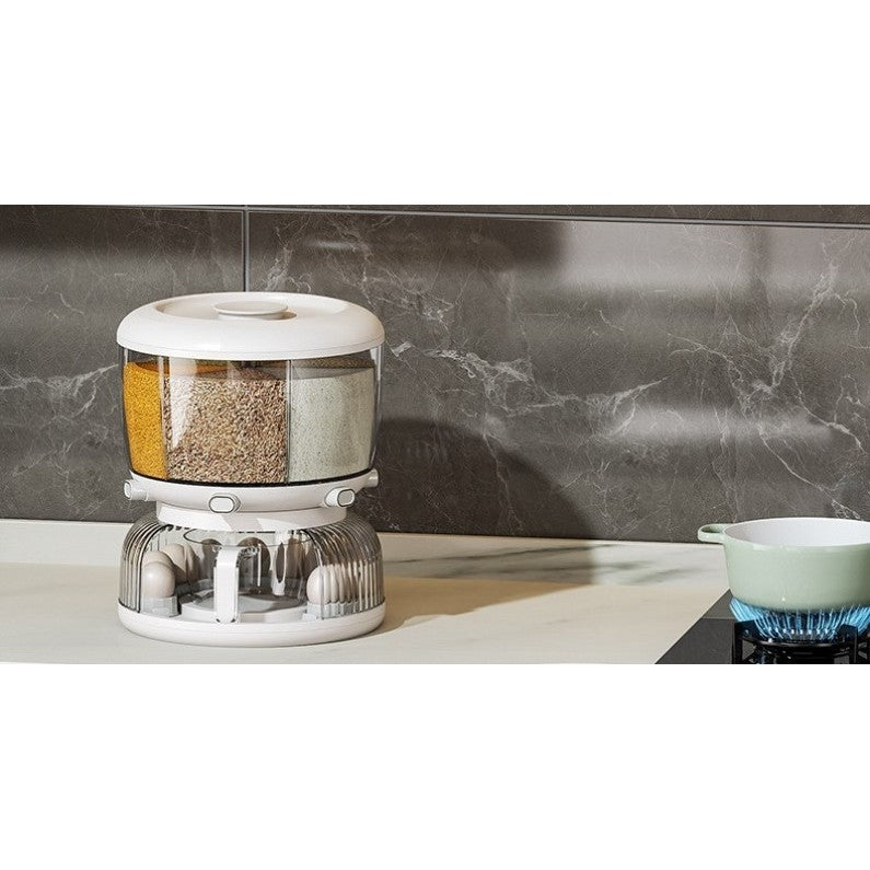 Dozator etajat de cereale Flippy, rotativ 360, 6 compartimente, capacitate 10L, cofrag special pentru oua, vas pentru
