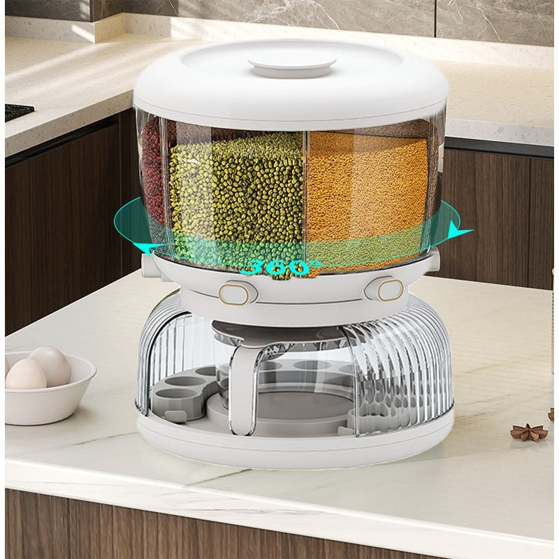 Dozator etajat de cereale Flippy, rotativ 360, 6 compartimente, capacitate 10L, cofrag special pentru oua, vas pentru