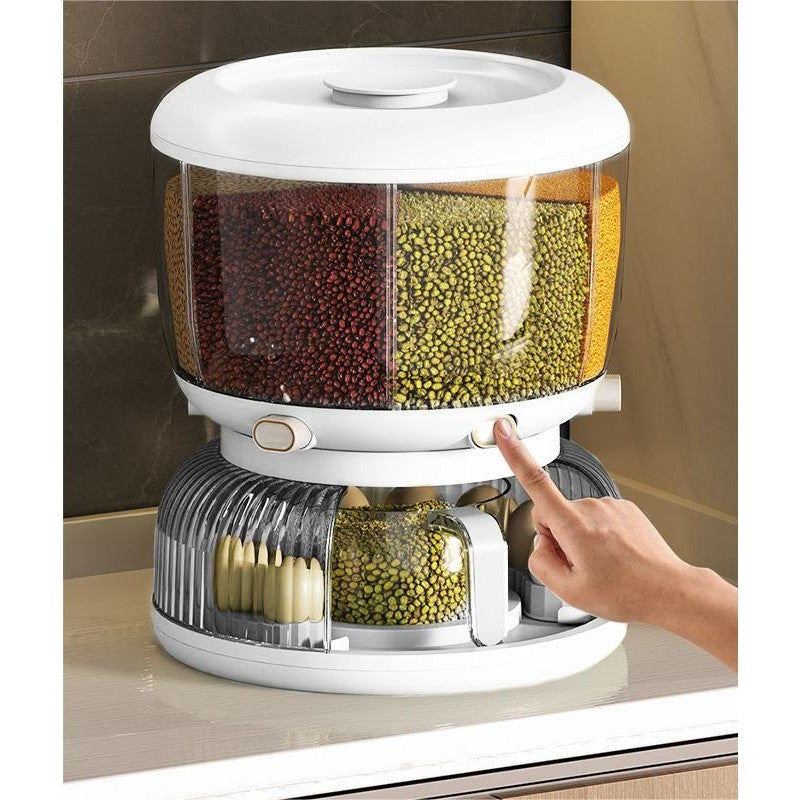 Dozator etajat de cereale Flippy, rotativ 360, 6 compartimente, capacitate 10L, cofrag special pentru oua, vas pentru
