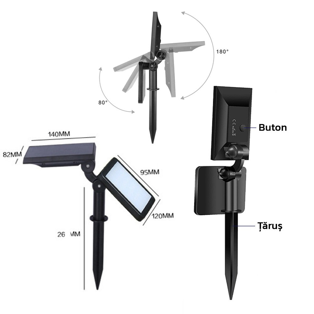 Lampa solara pentru terasa/gradina 48 de LED-uri Flippy, cu 2 moduri de fixare, senzor de lumina, IP44, material ABS,