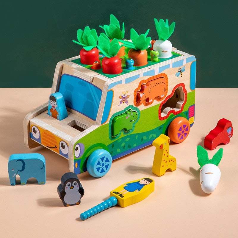 Jucarie Educativa Montessori, Flippy, Model Masinuta Educativa din Lemn 6 in 1, Sortator Forme, 1–3 ani, 23.7 x 17.5 x