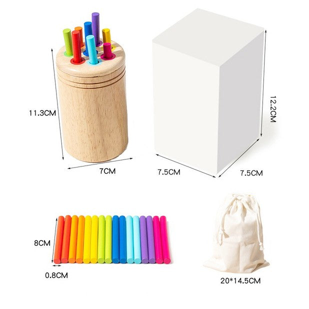 Jucarie Educativa Montessori din Lemn, 19 Piese, Flippy, Sortator cu Betisoare, Joc de Motricitate Fina pentru Copii,