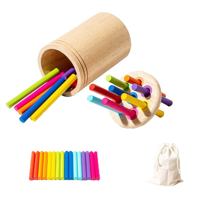 Jucarie Educativa Montessori din Lemn, 19 Piese, Flippy, Sortator cu Betisoare, Joc de Motricitate Fina pentru Copii,