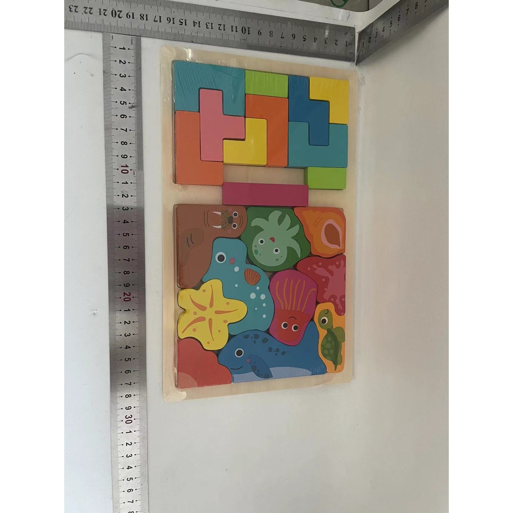Puzzle Montessori din Lemn pentru Copii, Flippy, Tip Tetris 2in1 +3 Ani, cu Animale Marine Colorate 3D, Educativ,