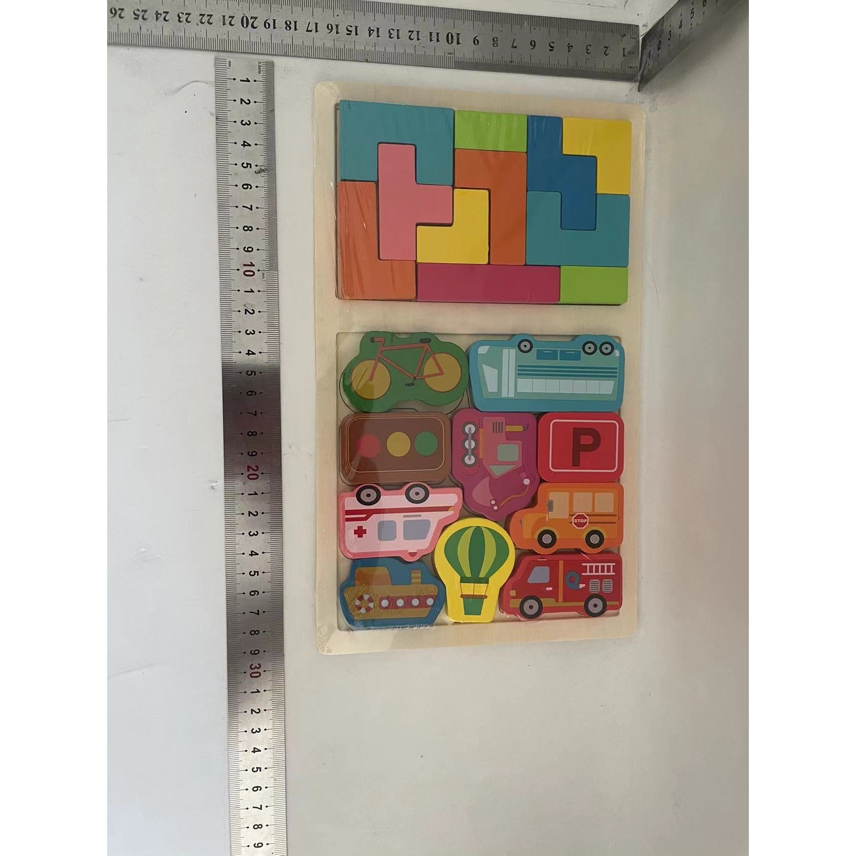 Puzzle Montessori din Lemn pentru Copii, Flippy, Tip Tetris 2in1, +3 Ani, cu Masini Colorate 3D, Educativ, Intuitiv,