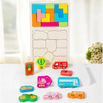 Puzzle Montessori din Lemn pentru Copii, Flippy, Tip Tetris 2in1, +3 Ani, cu Masini Colorate 3D, Educativ, Intuitiv,