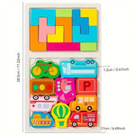 Puzzle Montessori din Lemn pentru Copii, Flippy, Tip Tetris 2in1, +3 Ani, cu Masini Colorate 3D, Educativ, Intuitiv,