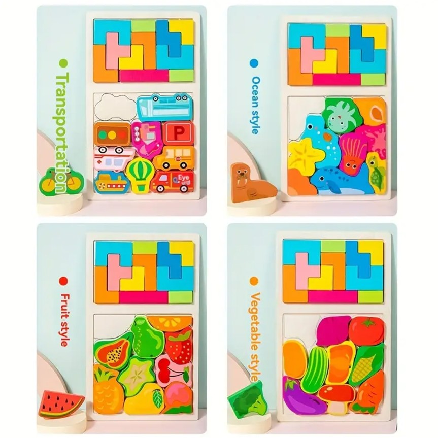 Puzzle Montessori din Lemn pentru Copii, Flippy, Tip Tetris 2in1, +3 Ani, cu Masini Colorate 3D, Educativ, Intuitiv,