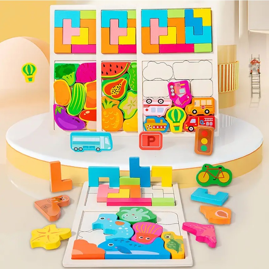 Puzzle Montessori din Lemn pentru Copii, Flippy, Tip Tetris 2in1, +3 Ani, cu Masini Colorate 3D, Educativ, Intuitiv,