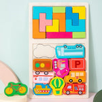 Puzzle Montessori din Lemn pentru Copii, Flippy, Tip Tetris 2in1, +3 Ani, cu Masini Colorate 3D, Educativ, Intuitiv,