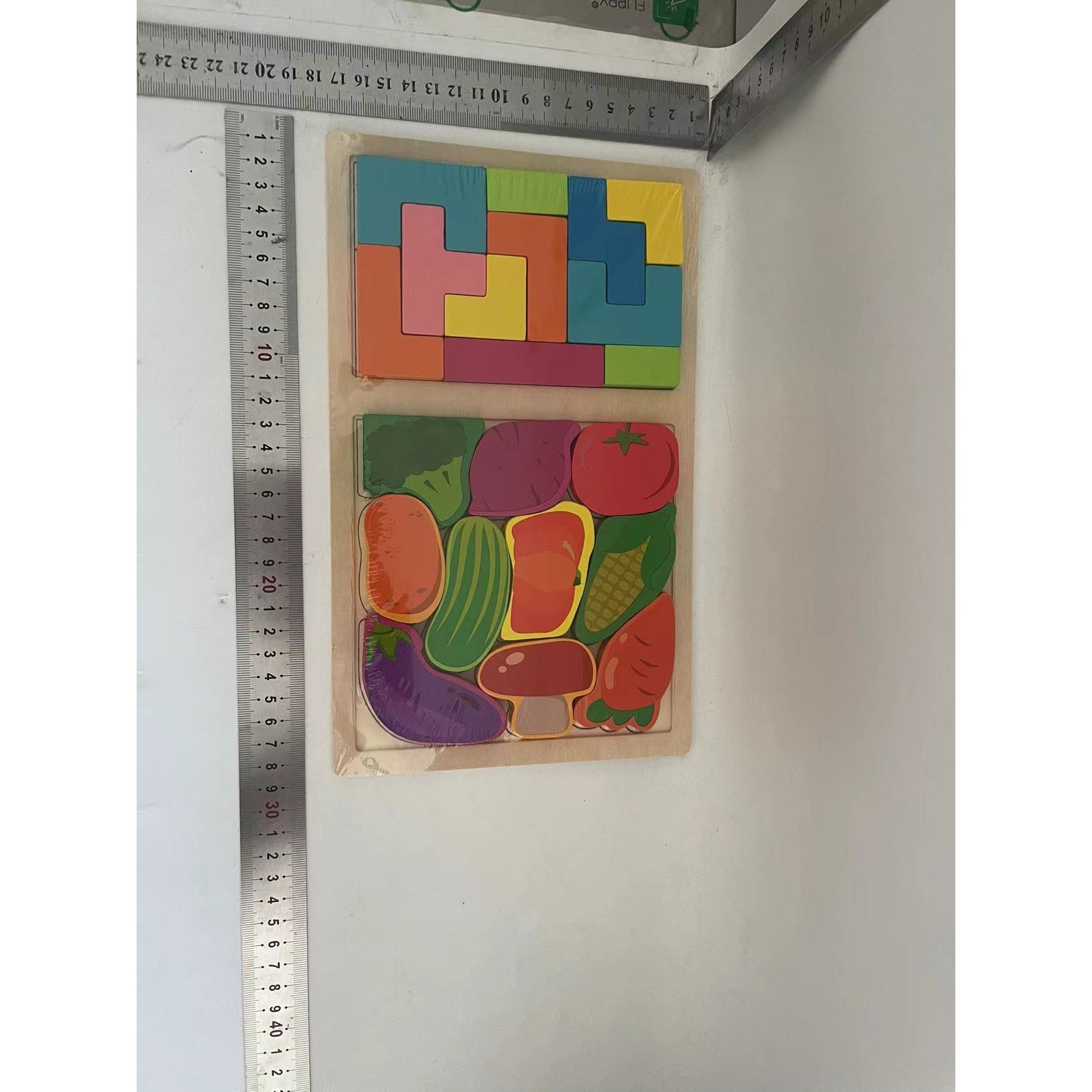Puzzle Montessori din Lemn pentru Copii, Flippy, Tip Tetris 2in1 +3 Ani, cu Legume Colorate 3D, Educativ, Intuitiv,