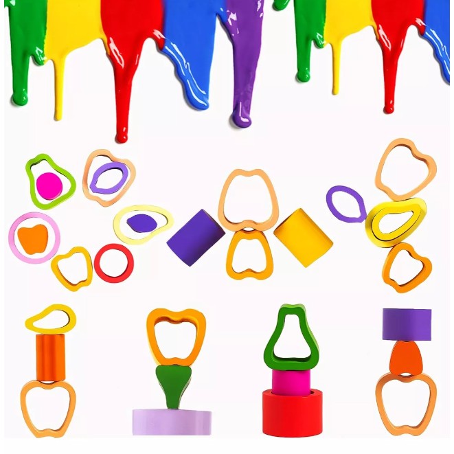 Jucarie Montessori din Lemn, Flippy, Tip Puzzle, cu 5 Forme Asimetrice, 15 Piese, Model Fructe, Educativa, Interactiva,