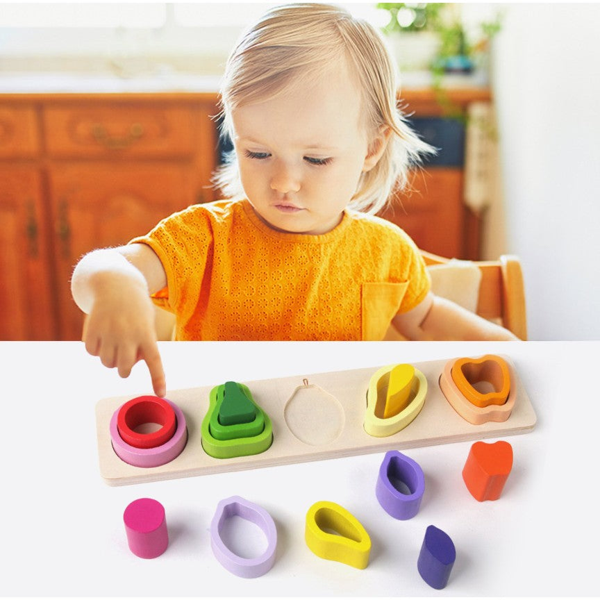 Jucarie Montessori din Lemn, Flippy, Tip Puzzle, cu 5 Forme Asimetrice, 15 Piese, Model Fructe, Educativa, Interactiva,