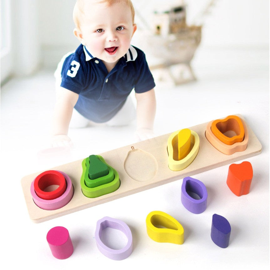 Jucarie Montessori din Lemn, Flippy, Tip Puzzle, cu 5 Forme Asimetrice, 15 Piese, Model Fructe, Educativa, Interactiva,