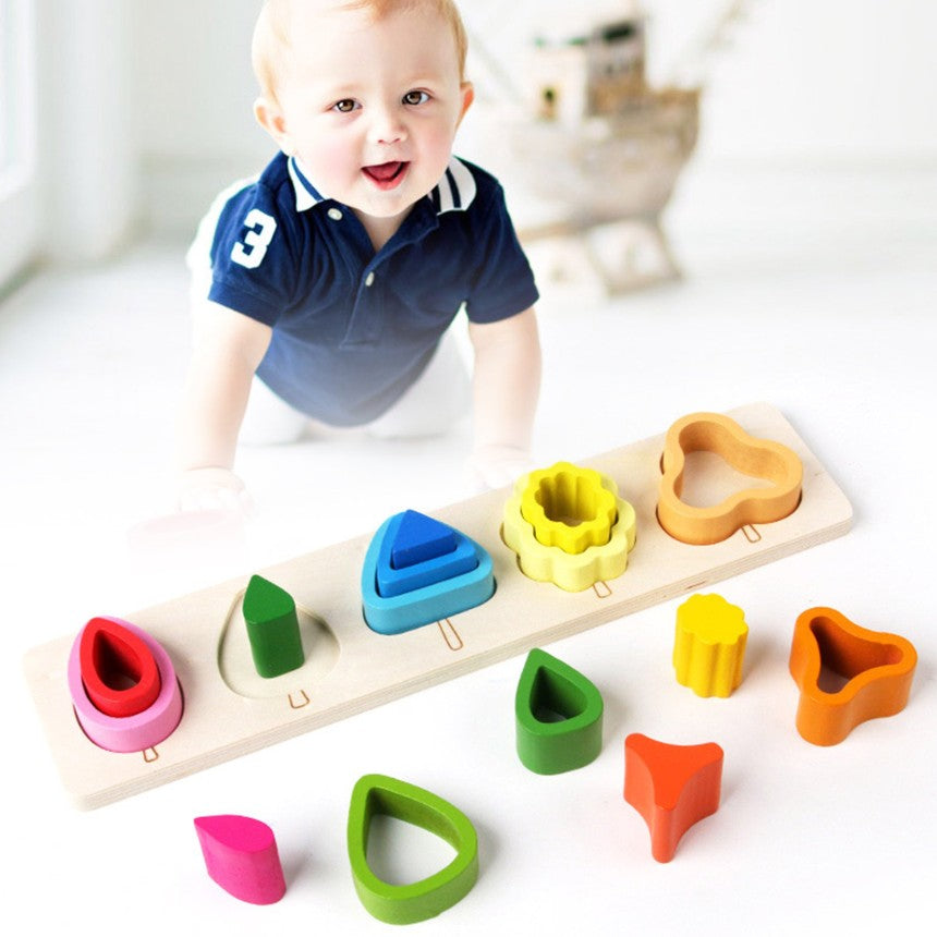 Jucarie Montessori din Lemn, Flippy, Tip Puzzle, cu 5 Forme Asimetrice, 15 Piese, Educativa, Interactiva, Creativa,