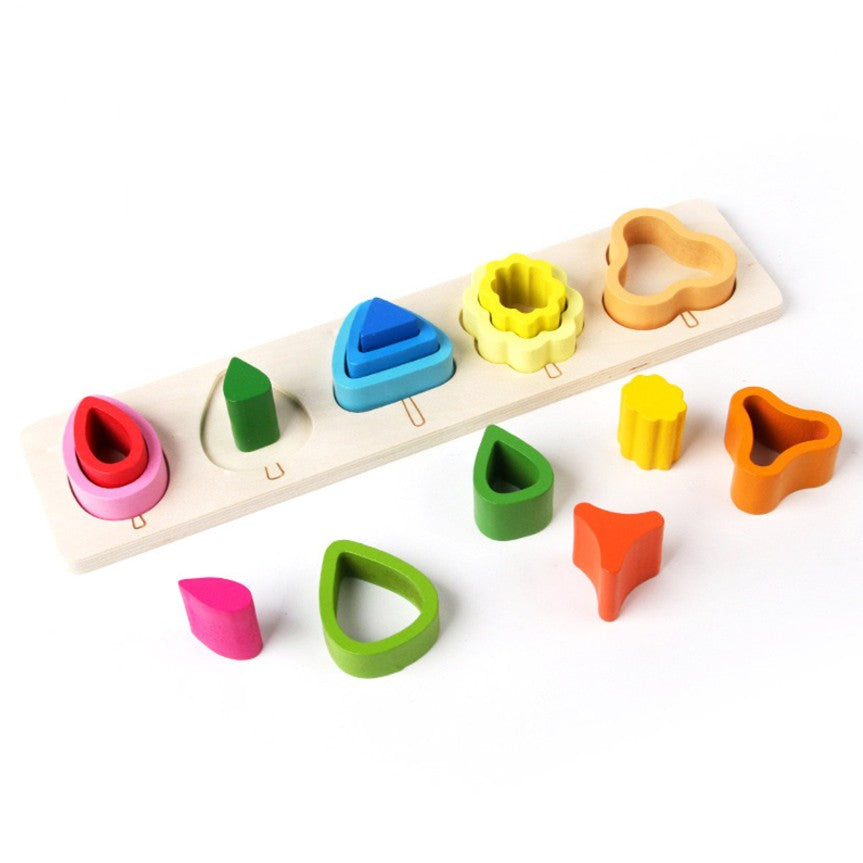 Jucarie Montessori din Lemn, Flippy, Tip Puzzle, cu 5 Forme Asimetrice, 15 Piese, Educativa, Interactiva, Creativa,