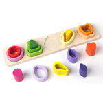 Jucarie Montessori din Lemn, Flippy, Tip Puzzle, cu 5 Forme Asimetrice, 15 Piese, Model Fructe, Educativa, Interactiva,