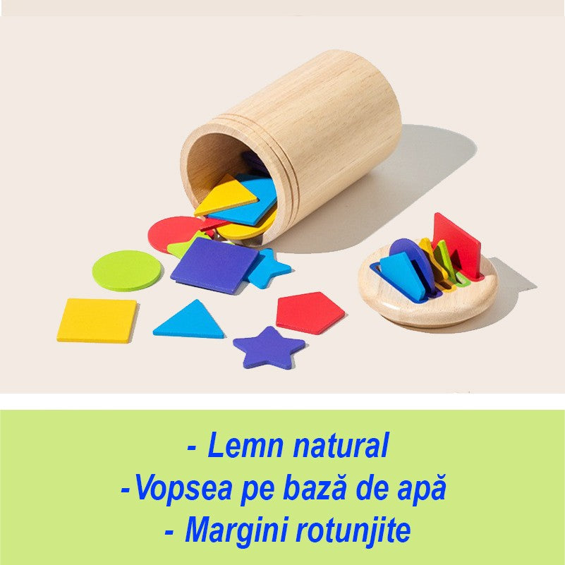 Jucarie Educativa Montessori din Lemn, 28 Piese, Flippy, Sortator cu Forme Geometrice, Joc de Motricitate Fina pentru