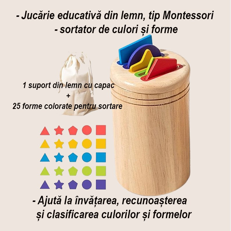 Jucarie Educativa Montessori din Lemn, 28 Piese, Flippy, Sortator cu Forme Geometrice, Joc de Motricitate Fina pentru