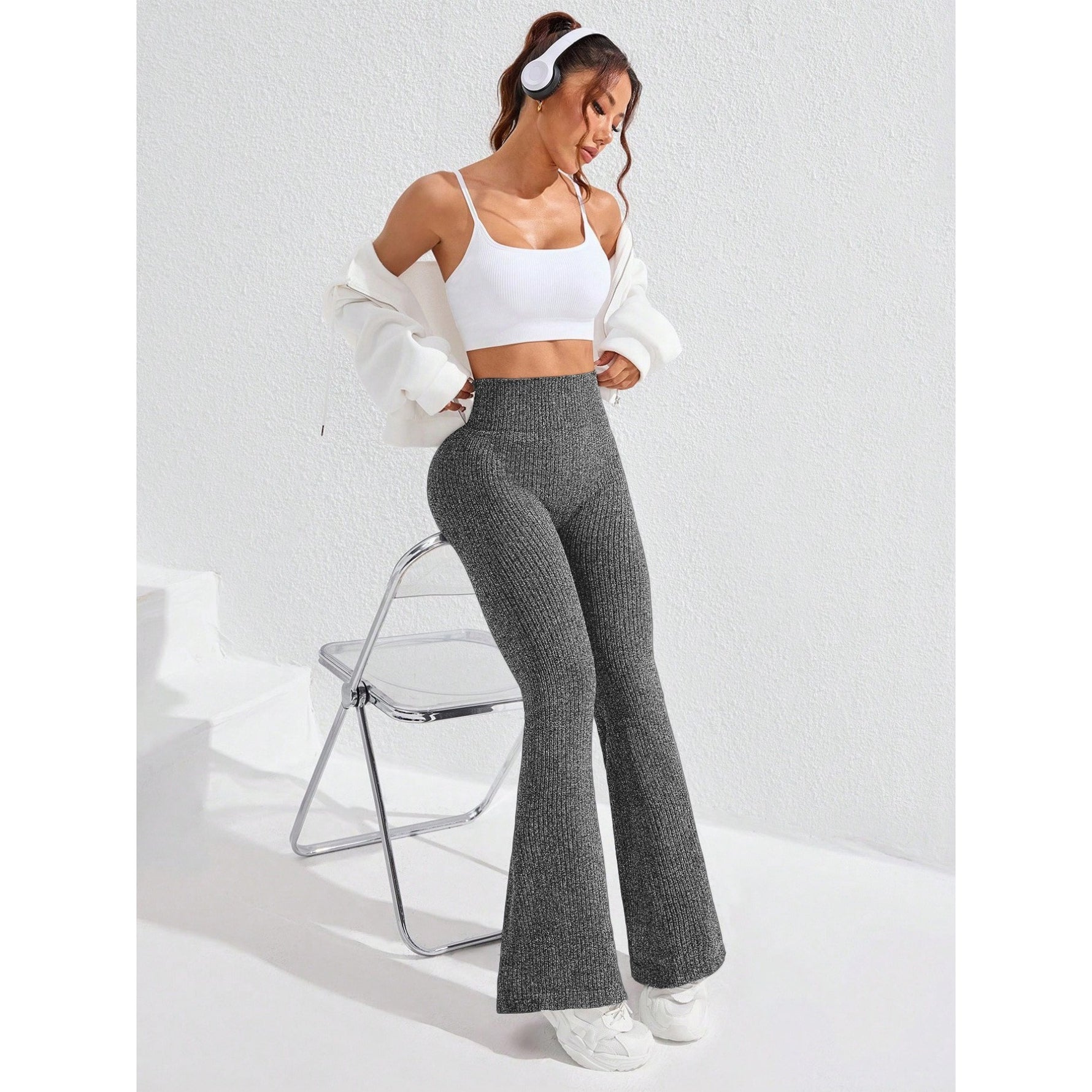 Pantaloni Sport de Dama, Flippy, pentru Yoga, Talie Inalta, Evazati, Tricotati, Gri Inchis, Marime XS