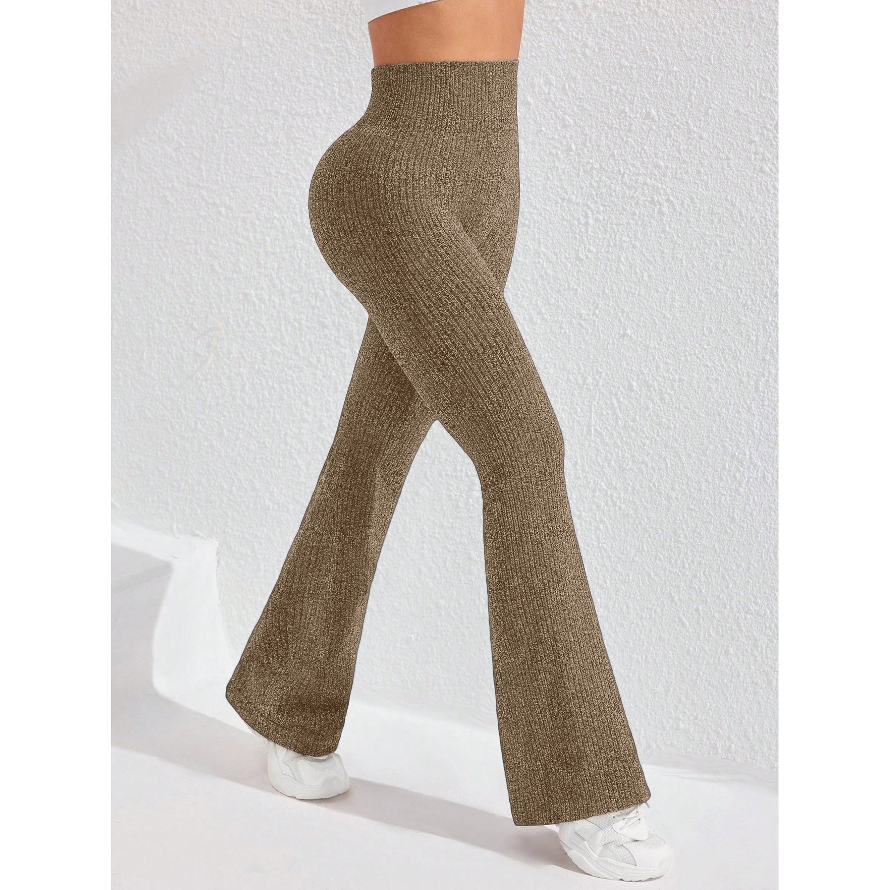 Pantaloni Sport de Dama, Flippy, pentru Yoga, Talie Inalta, Evazati, Tricotati, Khaki, Marime XL