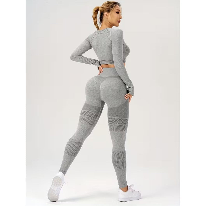 Costum Sport de Dama, Flippy, pentru Yoga, Talie Inalta, Top Scurt, Elastic, Gri, Marime S